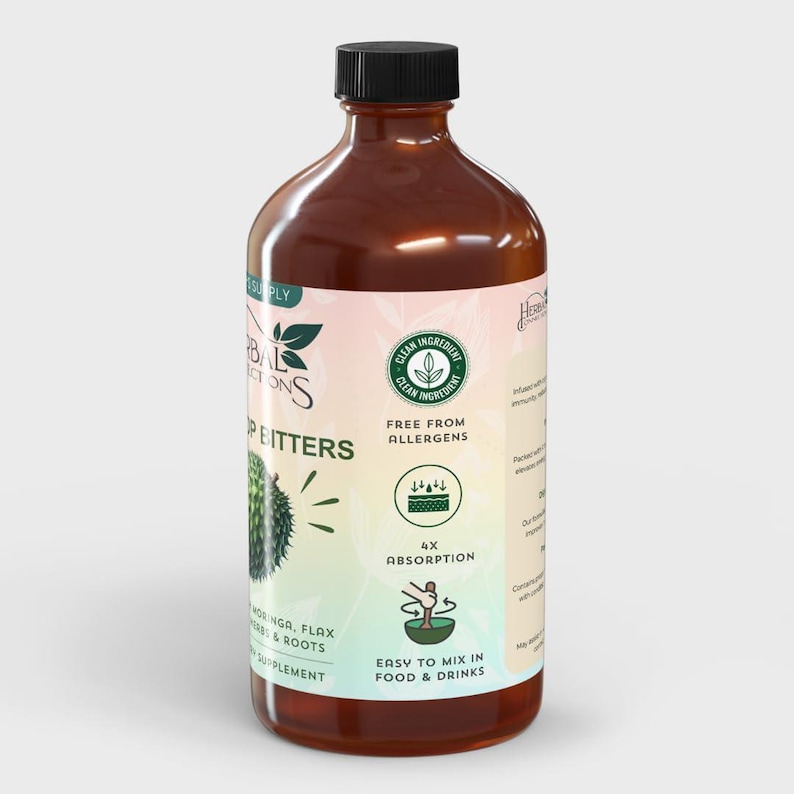 May include: A brown glass bottle with a black cap, labelled "Herbal Collections" and "Durian Bitters". The label also includes information about the product being free from allergens, having 4x absorption, and being easy to mix in food and drinks.