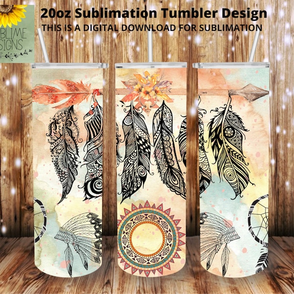 Native Chief Feathers 300 DPI, 20oz Skinny Tumbler Design, Straight Tumbler, Sublimation Tumbler Wrap, Digital Download