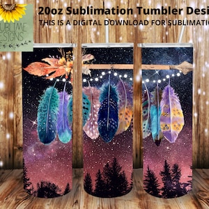 May include: Sublimation design for a 20 oz tumbler featuring a starry night sky with a pink and purple gradient, a row of trees at the bottom, and a string of lights with feathers hanging from them.