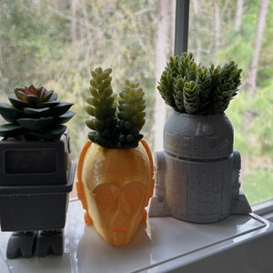 Può includere: Tre piante in vaso in vasi unici stampati in 3D. I vasi hanno la forma di personaggi di Star Wars: R2-D2, C-3PO e uno Stormtrooper. Le piante sono succulente e sono verdi.