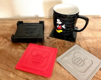 Set of 6 - Vintage Disney Logo Coaster with Holder. 3D Printed. Black. Gray. Red