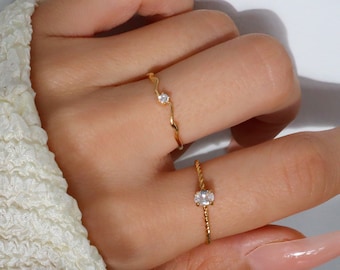 18K Delicate Dainty Waterproof Stacking Ring, Dainty Diamond Stackable Ring, WaterProof Tarnish rings, Gold Plated Stainless Steel Rings