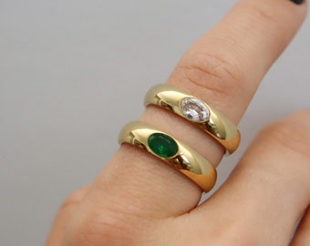 18K Gold Emerald Diamond Dome Ring, Minimalist WaterProof Tarnish rings, chunk statement ring, Gold Plated Stainless Steel Rings