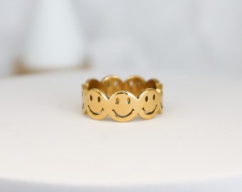 18K Gold Smiley face Ring, Minimalist WaterProof Tarnish rings , Gold Plated Stainless Steel Earrings, gift for friendship, gift for her