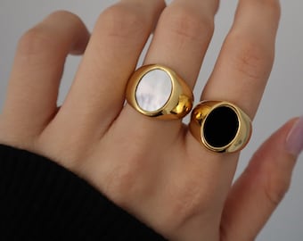 18K Gold Plated Mother-of-Pearl Ring, Chunky Gold Ring, Signet Ring, Black Onyx Ring, Stacking Ring, Gift for Her