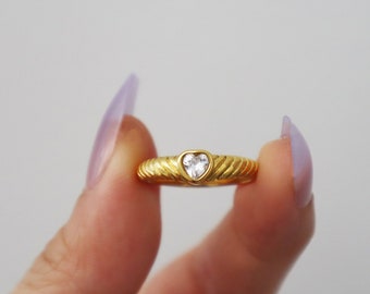 18K Gold Diamond Heart Ring, Vintage Gemstone Rings, WaterProof Rings, Dainty Ring, Minimalist Ring, Gold Plated Stainless Steel Rings