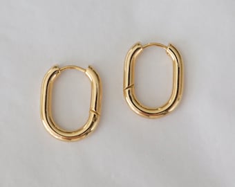 18K Gold Oval Hoop Earrings, Minimalist WaterProof Tarnish Resistant Earrings, Gold Plated Stainless Steel Earrings