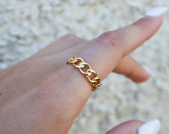 18K Gold chunky curb link ring, chain link ring, Minimalist WaterProof Tarnish rings, chunk statement ring, Gold Plated Stainless Steel Ring