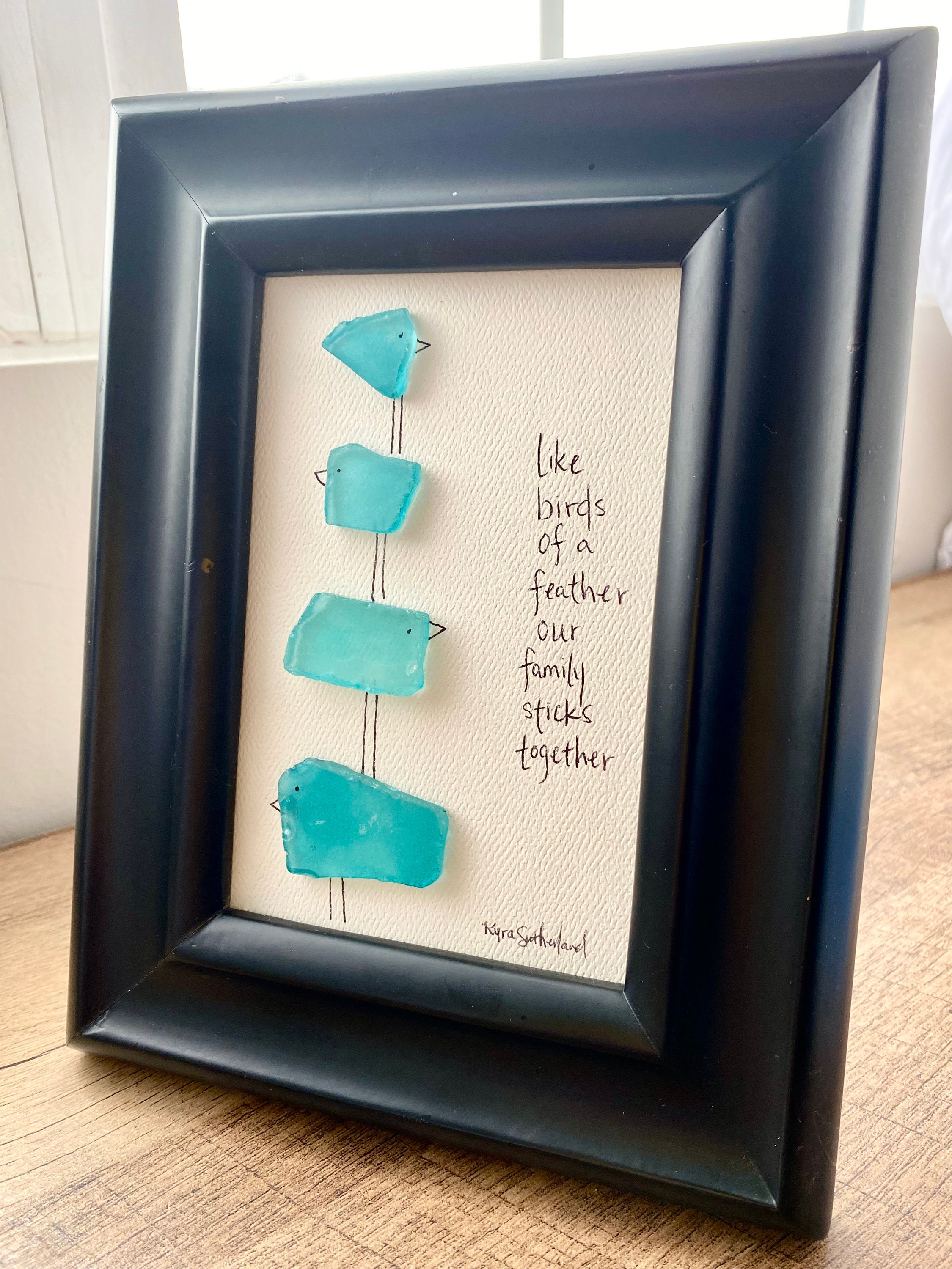 View of Framed Sea Glass Art, Bird Family Art, Handmade Sea Glass Decor, Bird ...
