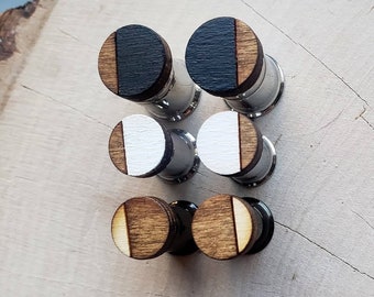 Pair Geometric Plugs, Wood & Steel - Handmade, Organic, Tunnels, Boho, Gauges, Earrings, Hider Plugs