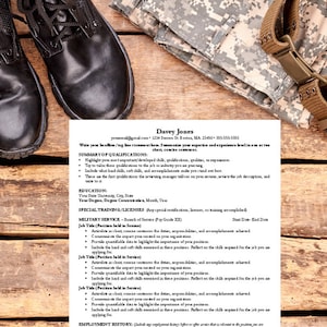 May include: A military resume template with a wood background. The resume is for Davey Jones and includes sections for summary of qualifications, education, special training and licenses, military service, and employment history.