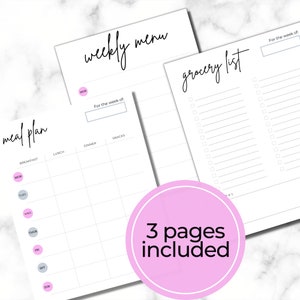 Pink and Gray Minimalist Printable Weekly Meal Planner with Menu Plan and Grocery List - Shopping List Template - PDF - Instant Download