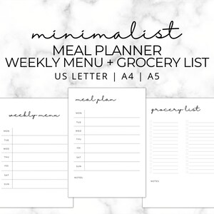 Planificateur de repas hebdomadaire imprimable minimaliste avec menu hebdomadaire et liste d&#39;épicerie - Liste de courses - Lettre A4 et A5 - PDF - Téléchargement immédiat