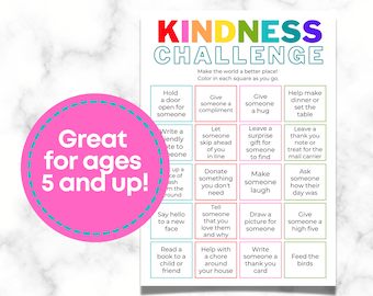 May include: A colorful printable kindness challenge chart with 16 squares. Each square has a different act of kindness to do, such as hold a door open for someone, write a friendly note to someone, donate something you don't need, or give someone a hug. The chart is great for ages 5 and up.