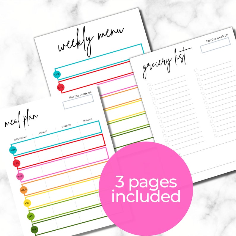 Colorful Printable Weekly Meal Planner With Menu Plan and Grocery List ...