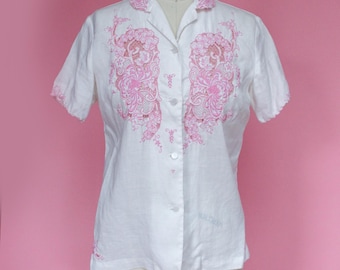 1960s White Linen Blouse with Pink Eyelet Embroidery