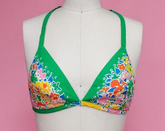 1960s Green Cotton Multi-Color Floral-Print Bikini Halter Top