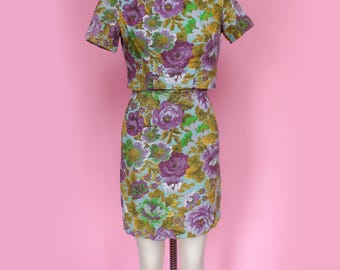 1960s Floral Two-Piece Mini Skirt Crop Top Set Size XS