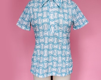 1970s Midcentury Modern Teal and White "Devonette" Collared Polo Shirt