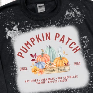 May include: Black sweatshirt with a distressed white design. The graphic reads "Pumpkin Patch" with watercolor pumpkins and the text "Farm Fresh." Additional text includes "Hay Rides, Corn Maze, Hot Chocolate, Caramel Apples, Cider."