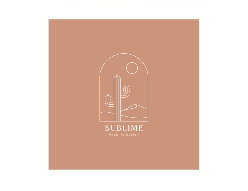 May include: A minimalist line art logo design featuring a cactus in a desert landscape with a sun in the sky. The logo is set against a light brown background and includes the text "SUBLIME Graphic Design".