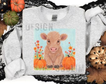 Cute fall highland Cow png, Halloween Spooky Season png, Autumn Cow Shirt png, Pumpkin Floral sublimation, Fall Pumpkin png, Cow Lover png