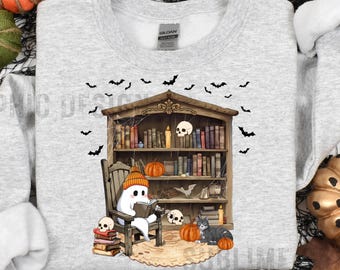 Ghost Reading Book Png, Ghost Books Halloween Png, Teacher Halloween Png, Book Lover Shirt Png, Black Cat And Book Png Halloween Library Png