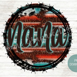 May include: A round, black and white graphic with a distressed, rustic look. The graphic features a turquoise and red striped background with a brown, cursive word "mama" in the center.