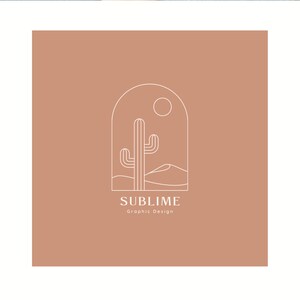 May include: A minimalist line art logo design featuring a cactus in a desert landscape with a sun in the sky. The logo is set against a light brown background and includes the text "SUBLIME Graphic Design".