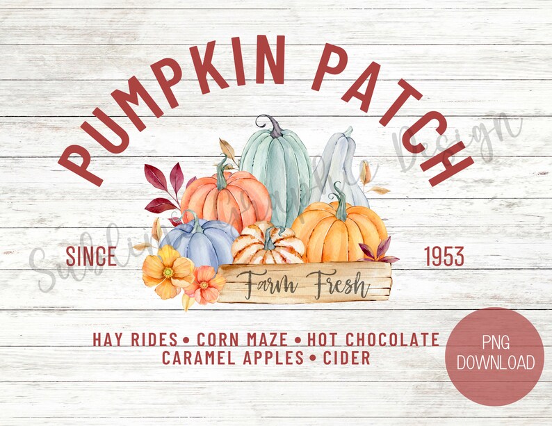 May include: Watercolor illustration of a Pumpkin Patch sign with the text "Pumpkin Patch" in red. The image features various pumpkins in shades of orange, blue, and green, along with the text "Farm Fresh" and "Since 1953". Additional text includes "Hay Rides, Corn Maze, Hot Chocolate, Caramel Apples, Cider".