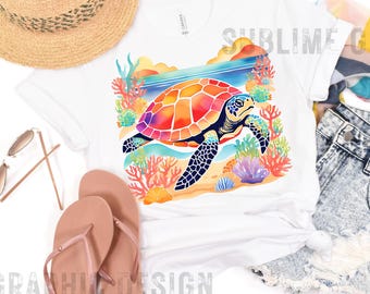 Sea Turtle PNG, Watercolor Beach Sublimation Designs, Watercolor Beach Aesthetic Png, Beach Png, Rainbow Watercolor Turtle Png, Ocean