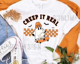 Creep It Real Png | Ghost Skateboarding PNG | Halloween Skateboard Png | Retro Halloween Ghost | Halloween Shirt Png | Halloween Sublimation
