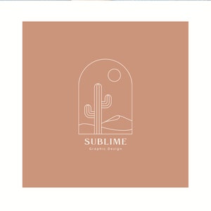 May include: A minimalist line art logo design featuring a cactus in a desert landscape with a sun in the sky. The logo is set against a light brown background and includes the text "SUBLIME Graphic Design".