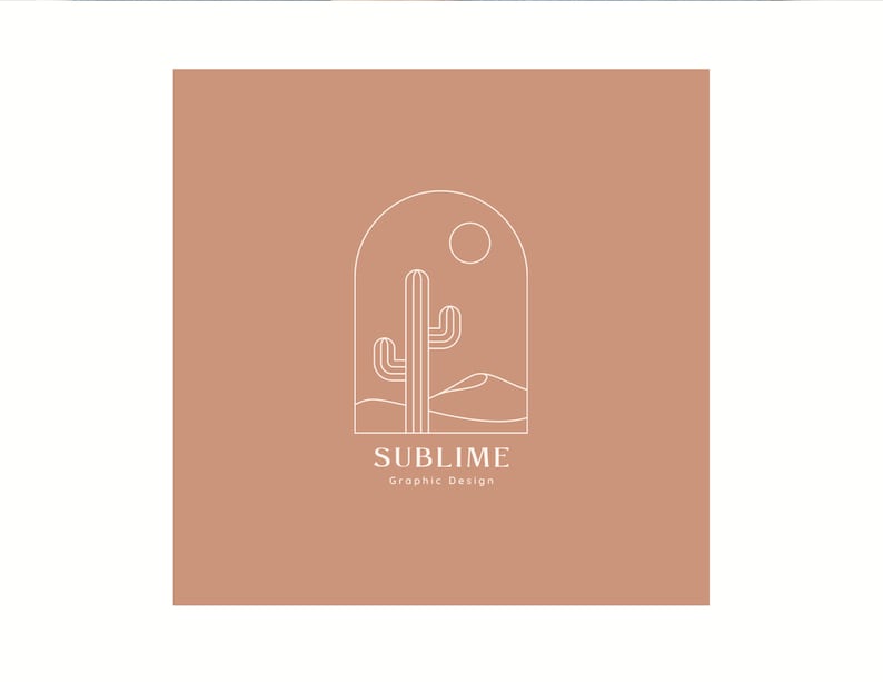 May include: A minimalist line art logo design featuring a cactus in a desert landscape with a sun in the sky. The logo is set against a light brown background and includes the text "SUBLIME Graphic Design".
