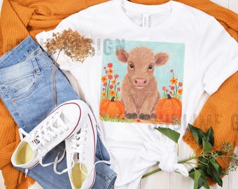 Cute fall highland Cow png, Halloween Spooky Season png, Autumn Cow Shirt png, Pumpkin Floral sublimation, Fall Pumpkin png, Cow Lover png