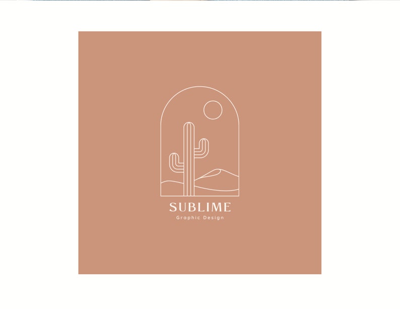 May include: A minimalist graphic design featuring a white line drawing of a cactus, sun, and desert landscape within an arch. The word "SUBLIME" and "Graphic Design" are below the illustration, set against a muted orange-brown background.