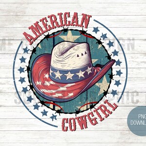 May include: A red, white, and blue cowboy hat with stars and stripes. The hat is inside a circle with the words "American Cowgirl" and stars around the edge.