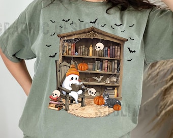 Ghost Reading Book Png, Ghost Books Halloween Png, Teacher Halloween Png, Book Lover Shirt Png, Black Cat And Book Png Halloween Library Png