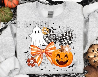 Vintage Halloween Ghost Coquette Png, Spooky Season Png, Floral Fall Pumpkin Bow Sublimation, Retro Checkered Halloween Png Witchy Vibes Png