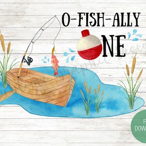 Könnte beinhalten: Eine Aquarell-Illustration einer Angelszene mit einem Boot, einer Angelrute, einem roten und weißen Schwimmer und dem Text "O-Fish-Ally One".