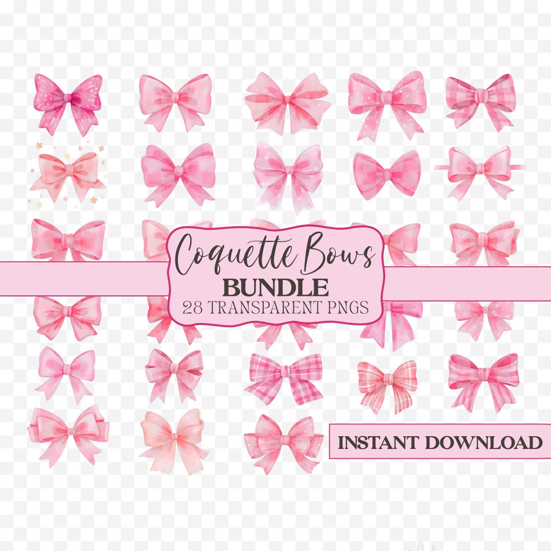 Pink Coquette Bow PNG Bundle, Watercolor Pink Ribbon Bow Clipart, Girl ...