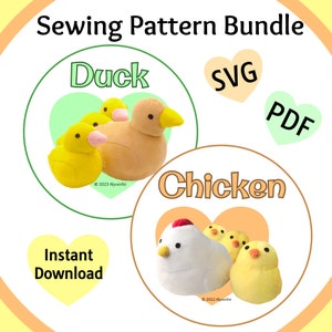 Chicken and Duck Plushie Sewing Pattern (PDF, SVG)- With Bonus Chick and Duckling! and Instructions- Bundle of 4