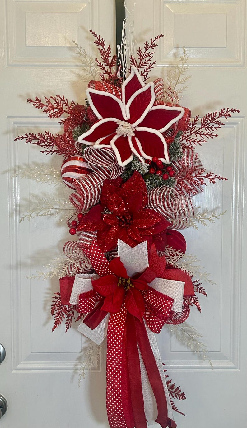 Christmas Front Door Wreath Swag With Flowers, Ornaments, Holiday Balls ...