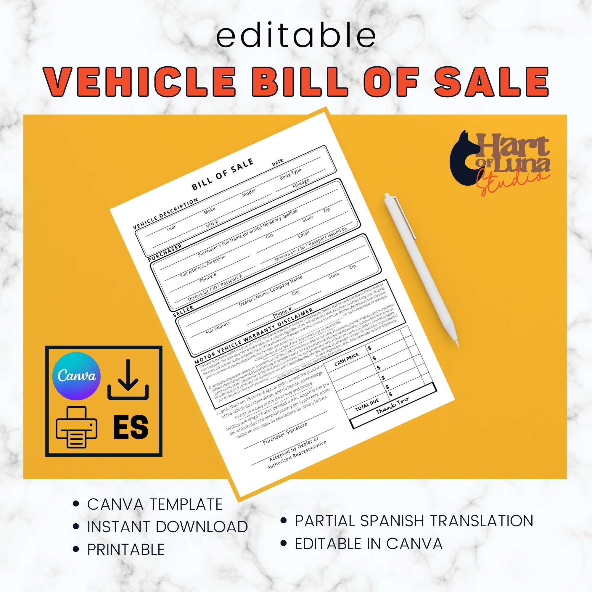 Bill of Sale for Car Purchase Agreement Template Car Sale - Etsy