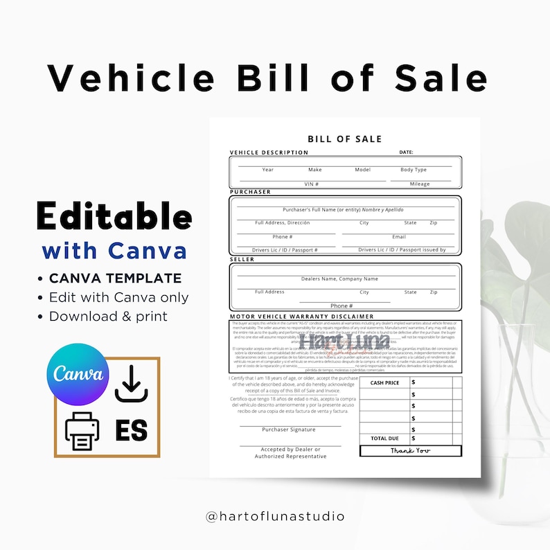 Bill of Sale for Vehicle Template, Purchase Agreement Template, Car ...