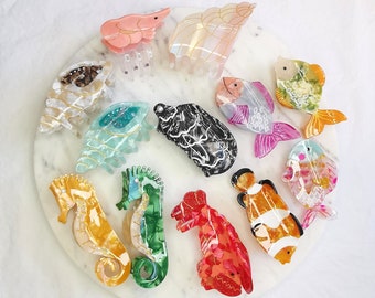 Hair clip fish shell lobster shrimp seahorse colorful | Sea creatures hair clips