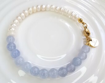 Aquamarin Süßwasserperlen Armband | Natur Bracelet | vergoldet Edelstahl
