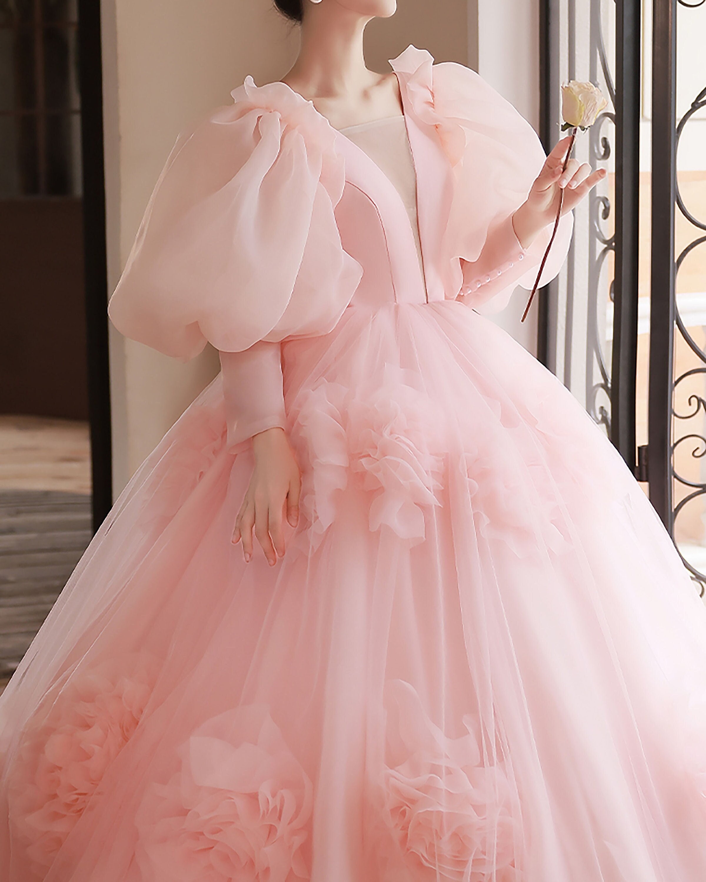 Pink Puff Sleeves Prom Dress Elegant 