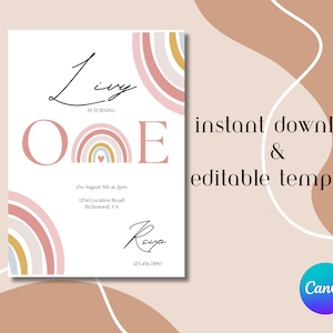 First Birthday Invitation, Rainbow Birthday Invitation, Boho Birthday Invitation, Editable Template