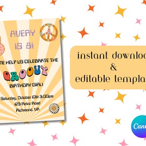 Groovy Birthday Invitation, Kid Birthday Invite, 70s Birthday Party, Editable Template, Instant Download